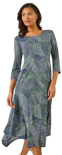 Roman Hanky Hem Swing Dress with Pockets for Women UK Ladies Asymmetric Hemline Stretch Jersey 3/4 Sleeve Winter Smart Casual Work Office Knee Length Tunics - Navy Green - Size 16