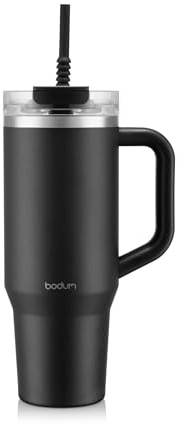 Bodum Travel Mug Tumbler 1.2 L Black Beauty - Metal Water Bottle with Straw, Handle and Lid - Dishwasher Safe - for Cold Drinks and Warm Coffee
