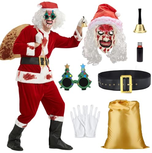 KKSJK Deguisement Terrifier Adulte, 11 Pièces Costume Halloween Clown Horreur, Tueur Clowns Déguisés en Père Noël avec Masque et Perruque, Costume Terrifier 3 Movie pour Homme Halloween Cosplay (XL)