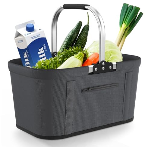 Yeabett 30 l vikbar shoppingkorg med 4 stödstänger | stabil bärkorg och picknickkorg | stor hopfällbar korg för familj (46 x 27 x 25 cm) | Med vadderade handtag | för shopping, resor, camping (grå)