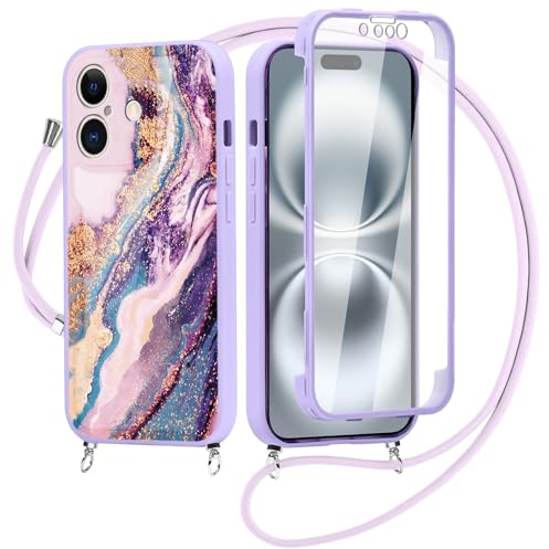 Yirlbey Mobiltelefonband för iPhone 16, 360 graders fodral med band 6,1 tum, estetiskt marmormotiv design transparent silikonhalsband mobiltelefonfodral för upphängning, stötsäkert skyddsfodral med