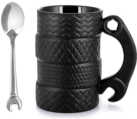 Nzkeuf Coffee Mug with Wrench-Shaped Handle & Includes Stirrer, Tyre Mug in Unique Industrial Design, Durable Ceramic, Gift to Father's Day, Coffee, Car and Mechanic Fans