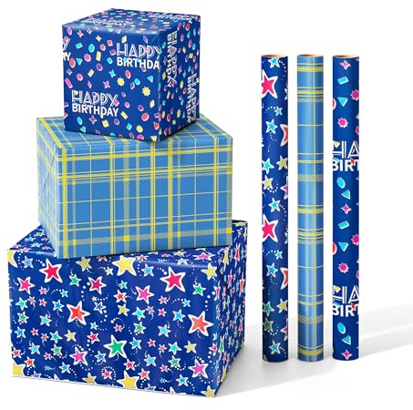 Neloheac Cumpleaños Papel de Regalo Azul, 3 Rollos, 43 cm x 3 m por Rollo, para Navidad, Cumpleaños, Infantil