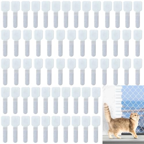 ChAusa 60 pcs Sticky Hook Cat Window Guard, Window Mesh for Cats, Cat Balcony Nets, for Balcony Hook Fixed for Balcony Net for Balcony no Need to Drill Holes Outdoor Sticky Hook