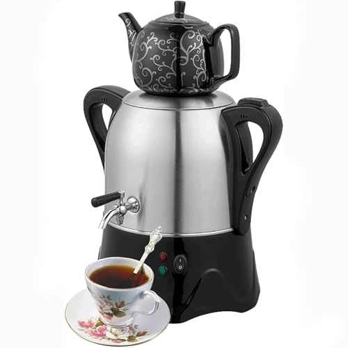 Genérico Samovar Turco Elettrico, Macchina for tè Turco Elettrica con Funzione di Mantenimento in Caldo, Teiera in Acciaio Inossidabile da 3 Litri e Teiera in Ceramica da 1 Litro, for Caffè(Black)
