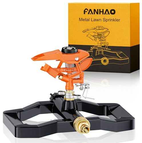 FANHAO Aspersor de Impacto de Resistencia para Jardín, Base 100% Metálica con Rotación 360°, Aspersor de Riego Giratorio Ajustable para Grandes Áreas, Que alcanza hasta 540 m²