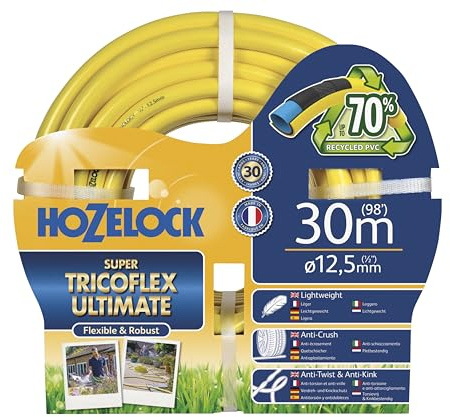 HOZELOCK - Ultimate Hose 12.5mm x 30m, Up To 70% Recycled PVC, Ultra-Light and Flexible, Re-Enforced PVC Layering, Anti-Twist and Anti-Crush Technology [7830P0000], Yellow