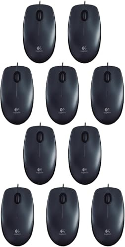 Logitech Ratón B100 con cable, conector USB, sensor óptico de 800 ppp, 3 botones, para zurdos y diestros, PC/Mac, negro (ratón óptico de negocios, paquete de 10)