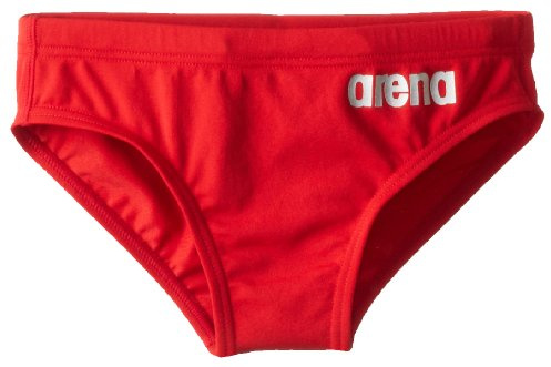 ARENA Boys Swim Brief Skys Chlorine Resistant Quick Dry UV Protection Adjustable Internal Drawstring Comfortable Training Competition Team Racing Pool Practice Gear, Red/Metallic Silver, Size 28