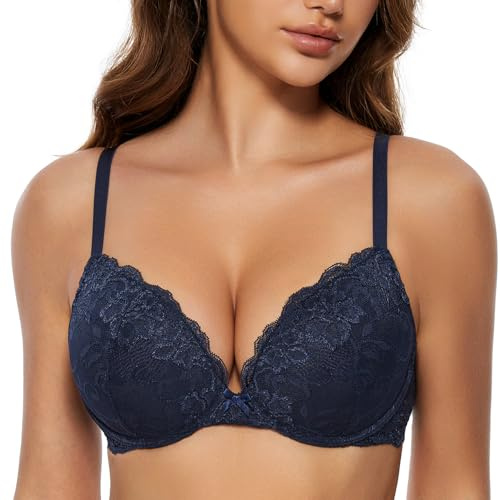 WingsLove Women's Push up Bra Floral Lace Padded Underwire Bra Demi Plunge (Navy Blue 34F)