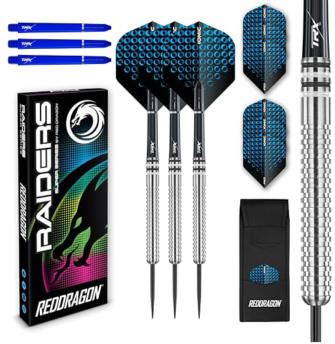RED DRAGON - Raider Series Steel Tip Darts Set - 90% Tungsten Professional Darts - Precision Control, Stable Flight - Includes Flights and Shafts - for Bristle Dartboards - 23g x3 - Blue