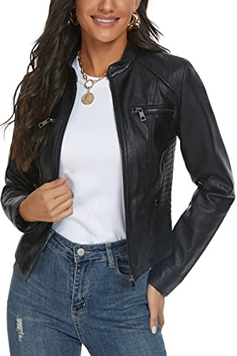 Fahsyee Damen Kunstlederjacke, Moto Biker Lederjacke Antik-fertige Schlanke Vegane Reißverschlussjacke Schwarz, Größe S