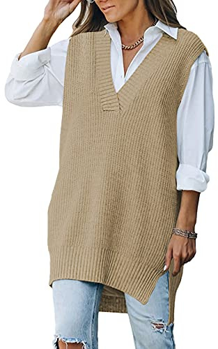 Viottiset Women's Oversized V Neck Knit Sweater Vest Tunic Sleeveless Pullover Top Khaki Large