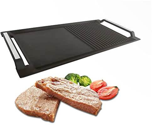 Plaque à Griller Induction, plaque de gril en fonte, grille rectangulaire, 2 poignées avec surface plate et striée pour plaque de cuisson électrique à induction