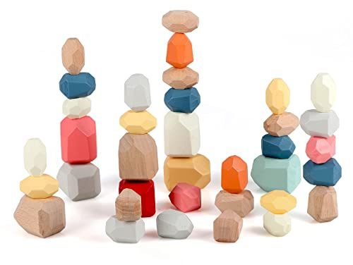 Jacootoys 36 Piezas Piedra Equilibrio apilable Coloridos Bloques construcción Madera Juguetes Juego Rocas para de 3 años niños niñas