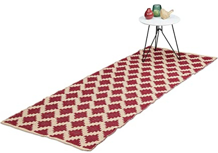 Relaxdays Teppich, Baumwolle, 80x200 cm, rutschfest, handgewebt, Rauten Muster, Teppichläufer, Flur, Küche, beige/rot