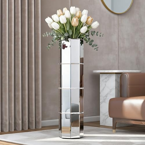 blingworld Vasi alti per pavimento, vaso decorativo in vetro alto 71,1 cm, grande vaso per decorazione soggiorno decorativo grande argento per fiori secchi