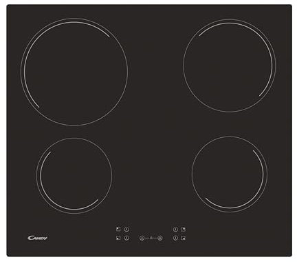 Candy Idea CH64CCB 4U2 Placa Vitrocerámica 4 Fuegos, 60CM, 10 Niveles de Potencia, 6,5KW, Mandos Centrales, Indicador de Calor, Bloqueo de Seguridad, Alerta Sobrecalentamiento y Derrames, Negro