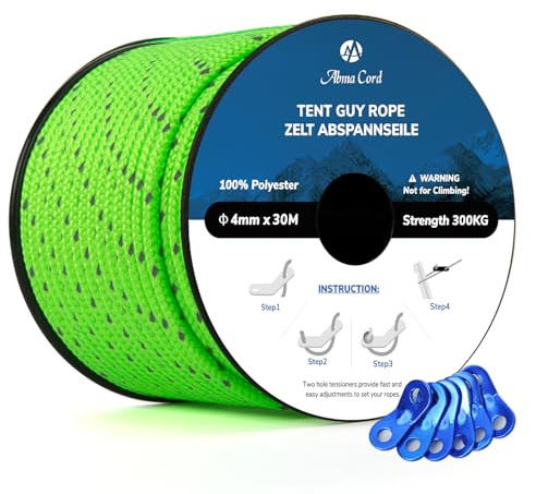 Abma Cord Tent Guy Ropes 4mm 30M Guy Line 6 Pcs Guy Rope Tensioners Heavy Duty Guide Rope for Camping, Gazebos, Awning, Tarp - Reflective Neon Green