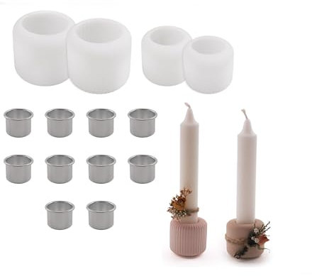 Yalulu 4 Stück Silikonform Kerzenhalter mit 10 Stück Metall Kerzenständer, Gießform Kerzenhalter, Stabkerze Silikon formen zum gießen für Stabkerzen und Teelichter