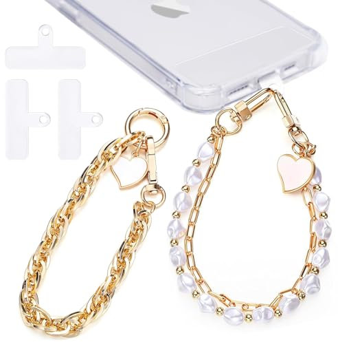 Mrltau Phone Strap, 2 Stück Handykette Perlen & 3 Patches Multicolor Herzen Freihändig Tragbar Necklace Case