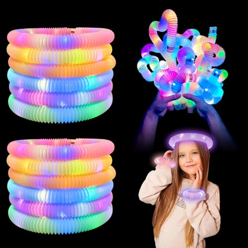 HONPHIER 12 Pack Pop Tubes Lumineux Fidget Jouets Sensoriels de Tuyau pour Enfant Baton lumineux LED Bâtons Lumineux Party Favours Fournitures de Fête Lumineuses (Macarons)