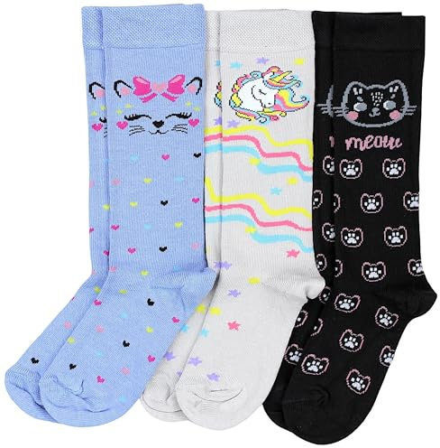 TupTam Kniestrümpfe Mädchen – Kniestrümpfe Kinder Baumwolle 3er Pack – Bunte Kniesocken für Schule & Alltag, Farbe: 3er Pack Einhorn Grau/Katze Blau/Katze Schwarz, Socken Größe: 27-30