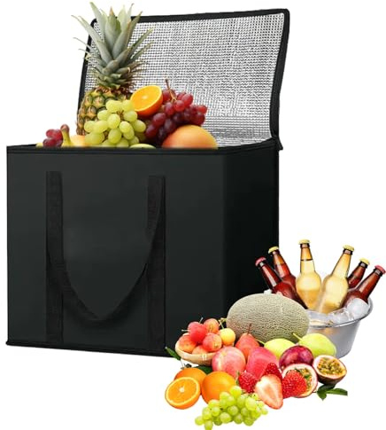 30L Cool Bag Large Cooler Thermal Food Delivery Bag, Reusable Shopping Bag | Keep Food Hot or Cold with Zipper Closure, Stands Upright Collapsible Box for Camping, BBQ, Shopping, Grocery, Picnic