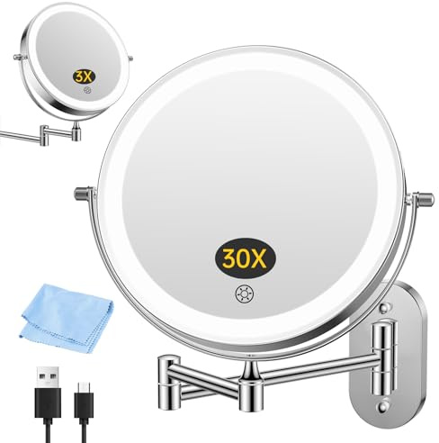 FUNTOUCH Wiederaufladbar Kosmetikspiegel mit Beleuchtetung, 3X 30X Vergrößerung Wandmontage, Dimmbarer Rasierspiegel 3 Farben, Touchscreen, 360° Drehbar, Schminkspiegel für Badezimmer