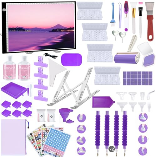 Lenxnmy 247pcs All-Inclusive Diamond Painting Tool Set Diamond Art Accessories Kit with A3 Diamond Painting Light Pad,Diamond Art Sealer Glue,Diamond Correction,Pens Storage Box for DIY Craft