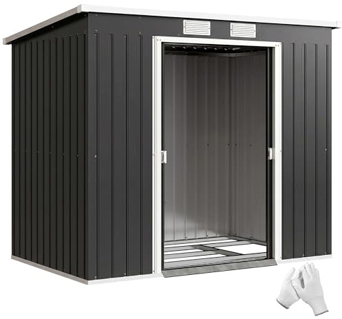 Outsunny Casetta da Giardino 2.42m² in Acciaio Zincato con Kit Fondazione, Prese d'Aria, Capanno Porta Attrezzi con Doppia Porta Scorrevole Bloccabile, Tetto Inclinato, 213x130x172 cm, Grigio Scuro