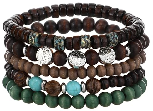 Ouligay 5PCS Mens Beaded Bracelet Multilayer Wooden Beads Bracelet