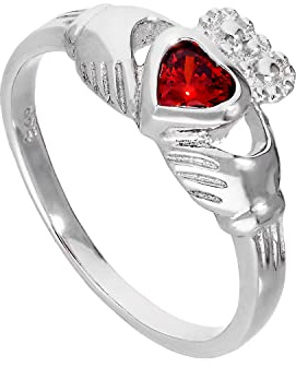 Sterling Silver & Garnet CZ Crystal January Birthstone Claddagh Ring Sizes I - U