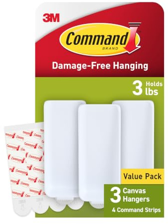 Command Large Canvas Hangers, 3 Canvas Hangers and 4 Command Strips, Damage-Free Hanging Sawtooth Frames, No Tools Wall Hooks for Home Decor, Holds up to 3 lb 18x24 Canvas