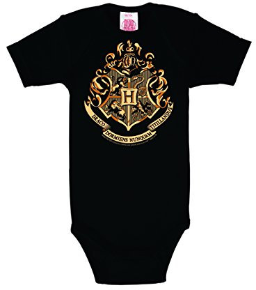 Logoshirt® Harry Potter I Hogwarts I Emblem I Baby Body Print I Kurzarm I Kleinkind I Mädchen & Jungen I schwarz I Lizenziertes Originaldesign I Größe 98/104
