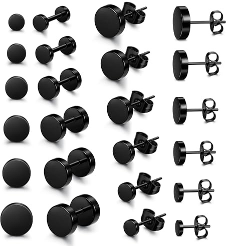 YADOCA 12Pairs Black Stud Earrings for Men Stainless Steel Hypoallergenic Black Mens Earrings 3mm-10mm
