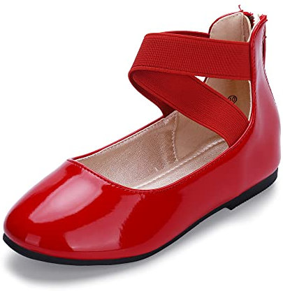 Hehainom Zapatos de vestir para niñas y niños pequeños Gracy Ballet Mary Jane bailarina planos con correa elástica en el tobillo, Rojo (Red Patent), 9 Toddler