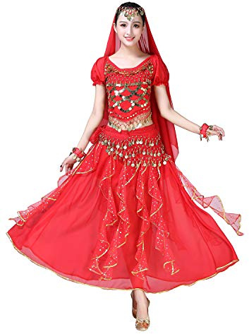 ORIDOOR Women Belly Dance Dress Indian Bollywood Halloween Costume Chiffon Skirts Shiny Belly Dance Suits 5-Piece Outfit, 004 Red, One Size
