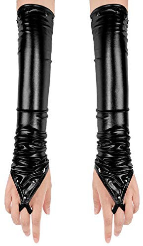 inlzdz Damen Metallic Fingerlos Handschuhe mit Nieten Wetlook Glänzend Lange Handschuhe Ellenbogen Armstulpen Cosplay Handschuhe Tanz Party Kostüm Schwarz One Size