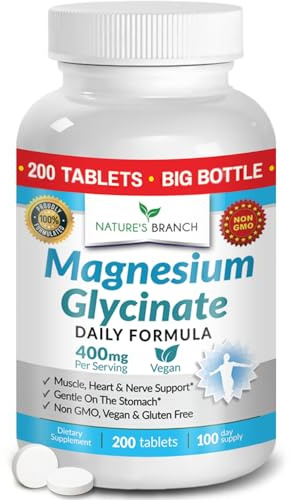 Magnesium Glycinate 400mg | 200 Tablets | High Absorption Mag Supplements for Sleep, Leg Cramps, Heart, Muscle, Calm | Non Buffered Bisglycinate, Extra Strength for Women and Men, Tablets Not Capsules