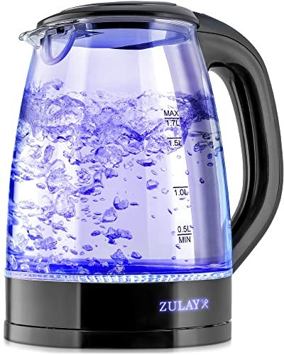 Zulay 1.7L Glass Electric Kettle with Blue LED Light - Borosilicate Glass Hot Water Kettle Electric - Electric Glass Kettle Water Boiler with Auto Shut-Off and Boil-Dry Protection