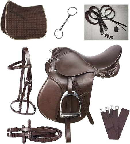 Lussoro Leather English Riding Horse Saddle Starter Kit Brown Saddle Combo Pack (Size 16)