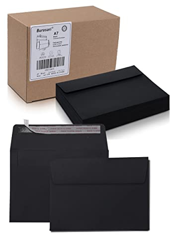 Burasari 120Qty A7 Black Invitation envelopes 5.25x7.25Inches- windowless design 120GSM self-seal envelopes for invitations, greeting cards, invoices