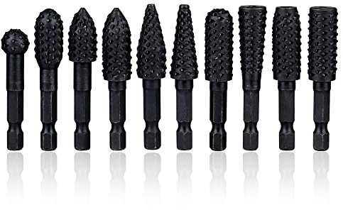Mesee 10 Pieces Rotary Burr Rasp Set, 1/4 Inch Hex Shank Quick Change Wood Carving Drill Bits Carbon Steel File Rasp DIY Woodworking Tool for Wood Plastic Engraving Polishing Grinding