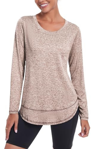 Deaviya Womens Long Sleeve Sports Tops UK, Sport Yoga T-Shirt Workout Running Tops, Crew Neck Quick Dry Golf Activewear Ladies Gym Sports Top, XL,Coffee