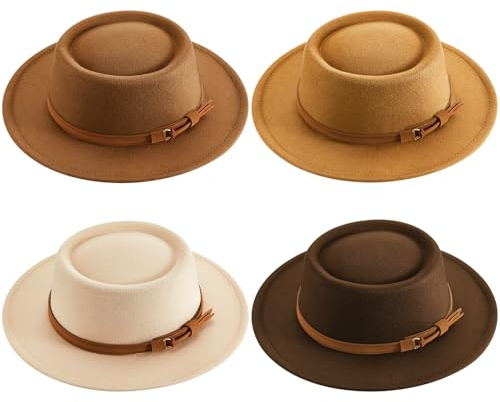 4 Pcs Wool Fedora Hat for Women Vintage Boho Style Felt Hat with Decorative Belt, Jazz & Panama Inspired Headwear for Casual Outfits (Brown,Khaki,Beige,Camel)