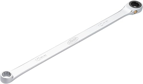 VIGOR Ratschen-Ringschlüssel V7031-10, extra lang, 10 mm SW, 257 mm Länge, 72 Zähne, verchromt und poliert, für größere Kraftübertragung, schlanke Bauform