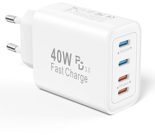 Cargador USB C 40W, 4 Puertos Cargador Carga Rapida Múltiple USBC Enchufe Compatible con iPhone 16 15 14 13 12 11 Pro MAX XS XR X 8 7 6 Plus, iPad, Samsung, Tipo C Cargado Cabezal Charger Adaptador