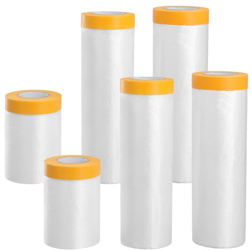 HEIYUET 6er Set Abdeckfolie mit Klebeband, 55cm 150cm 240cm Abdeckfolie Maler Abklebeband mit Folie, Selbstklebende Malerfolie Transparent, Goldband Malerband, 3 Größen