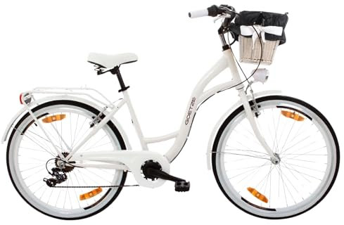 Goetze Mood 26 Zoll Jugendfahrrad, 17 Zoll Tiefeinsteiger Aluminiumrahmen, 6-Gang Kettenschaltung, doppelte V-Bremsen, LED-Beleuchtung, Rattankorb, Komfortsattel, mit Seitenständer & Klingel